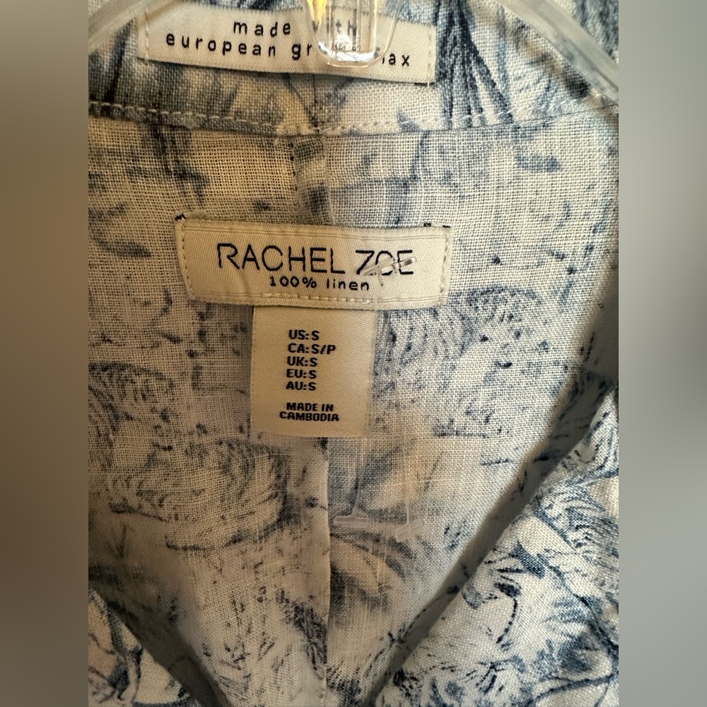 Rachel Zoe 100% Linen Blue Toile Safari Animal Print Belted Safari Jacket Small - Picture 2 of 7